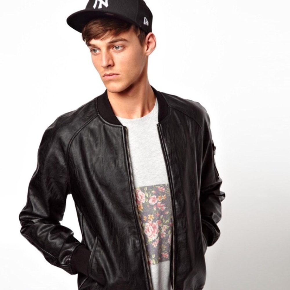 Black men's faux leather Guess bomber jacket